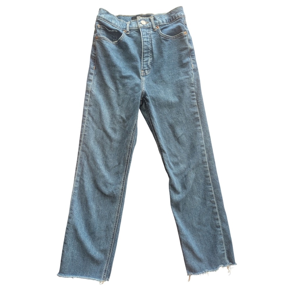 EXPRESS High Rise Straight‎ Leg Jeans Med Blue Wash Raw Hem Ankle Crop Size 2R